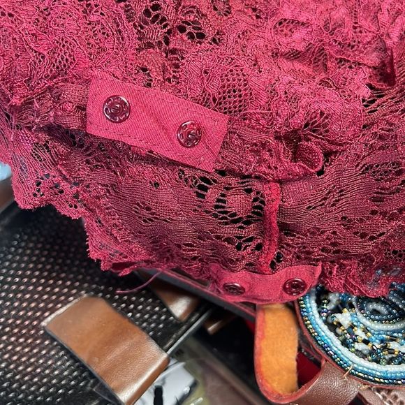 NWT-Women's Plus Tie Back Contrast Lace Plungi Neck Sleep Romper- XXL -Burgundy - Picture 6 of 7